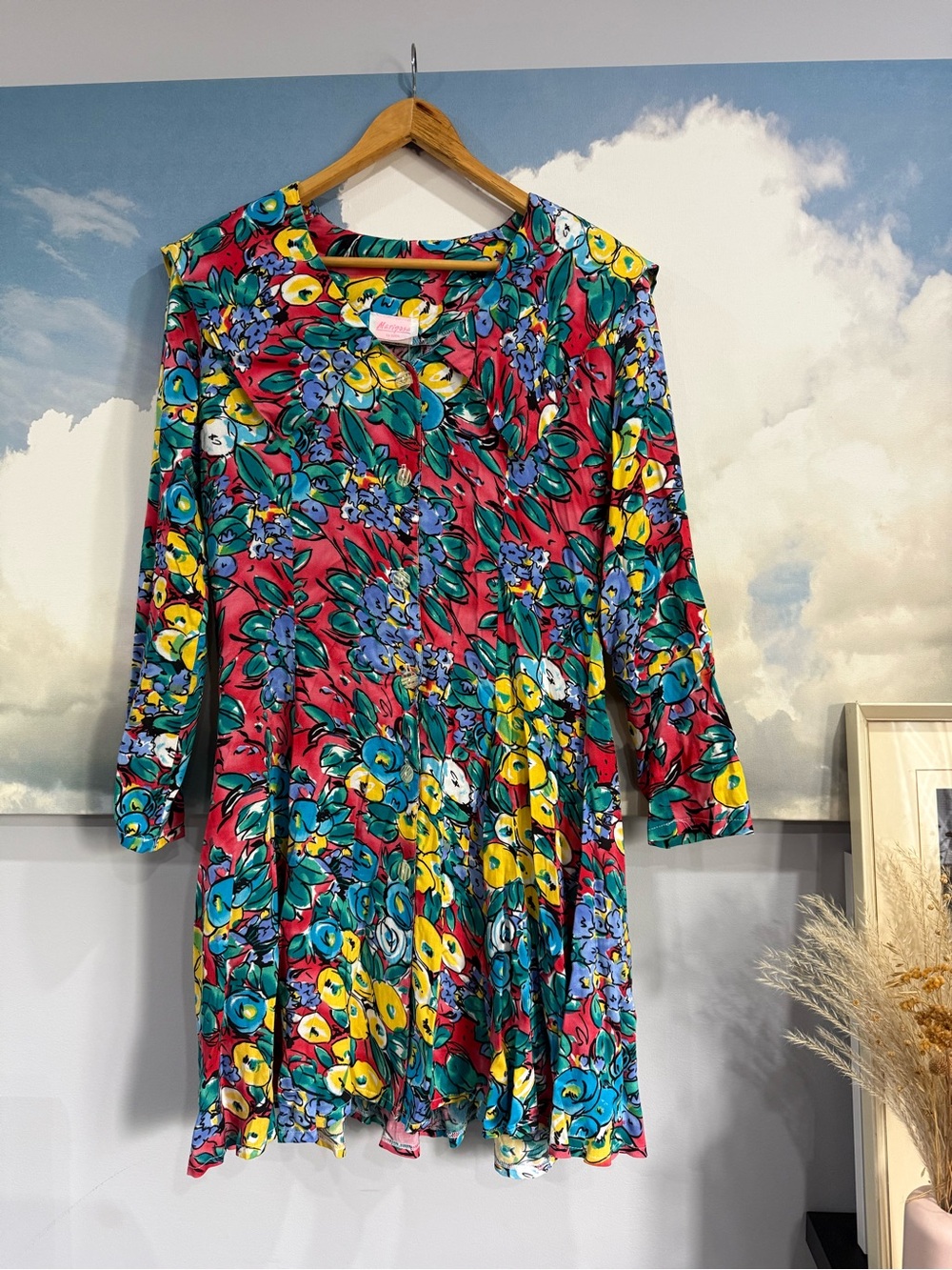 Vintage 80s/90s Mariposa Floral Rayon Mini Dress Square Sailor Collar M/13 - Picture 2 of 11